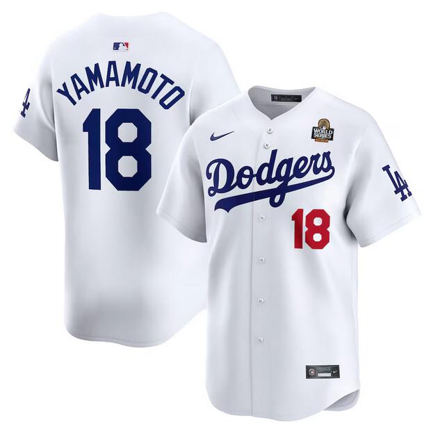 Los Angeles Dodgers #18 Yoshinobu Yamamoto White 2024 World Series Home Limited Stitched Jersey - Click Image to Close